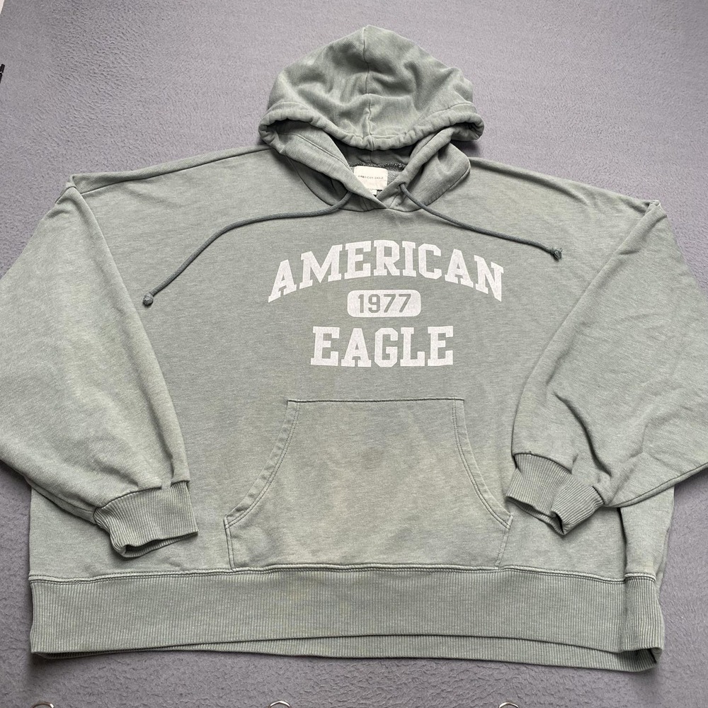 American Eagle Hoodie Sweatshirt Womens Large Green Fleece Pullover Oversized